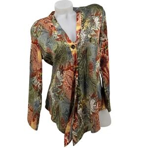 Chicos 1 Button V-Neck L/S Blouse Paisley Floral Womens Size 0 S Boho Top Slinky